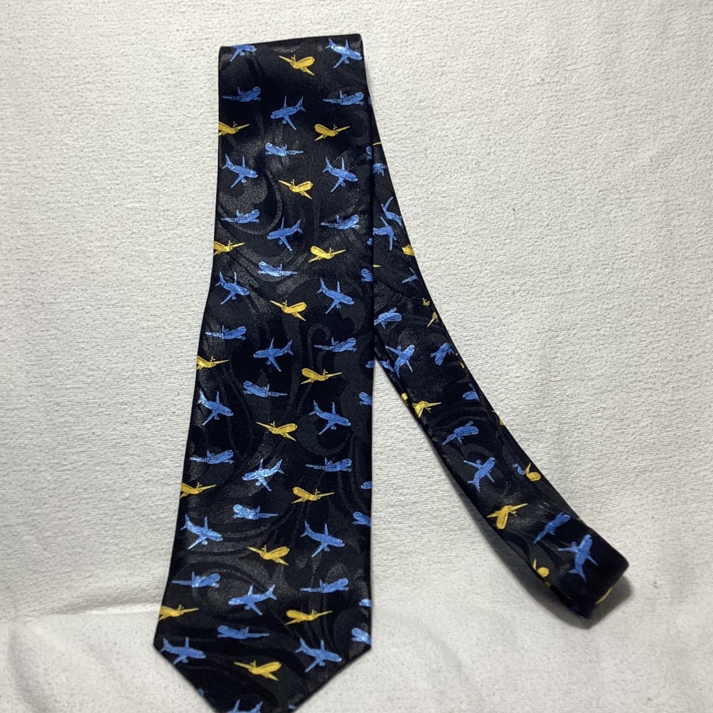 Montebello Milano Italy Hand Made Airplane Aircraft Paisley Silk Tie Black Blue